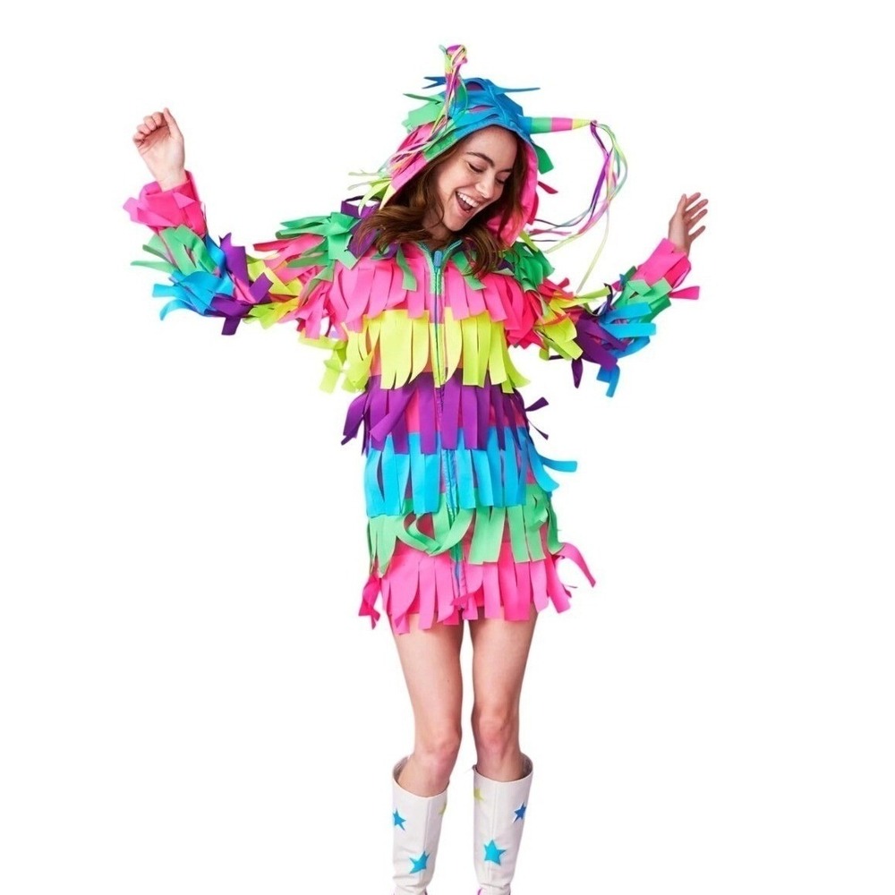 New Tipsy Elves Pinata Costume Dress Neon Rainbow Fringe Hooded Zip Front S
